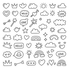 Obraz premium Hand drawn doodle icons of hearts clouds stars rainbows and crowns vector illustration
