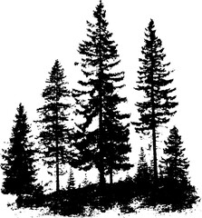 Black and white grunge illustration of spooky forest trees