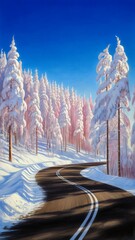 Curved Winter Road Through Snow Covered Forest Under Bright Blue Sky