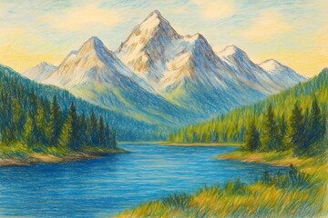 Pastel Mountain Landscape with Snowy Peaks and Pine Forest Reflected in Lake
