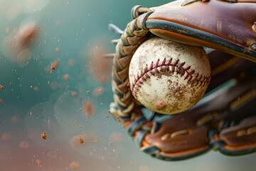 Close-up shot of a baseball secured in a leather glove, with dirt particles suspended mid-air against a bokeh background.