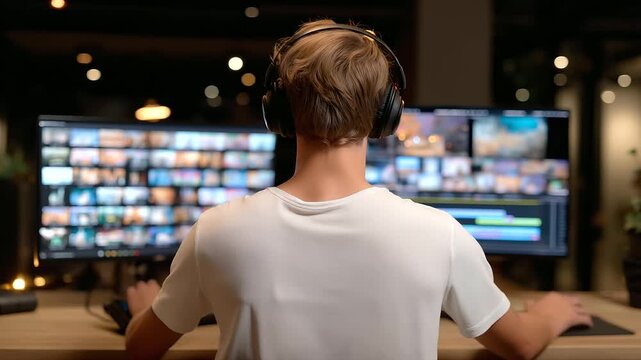 A 20 something edits videos in a dimly lit studio with monitors glowing headphones on and storyboards pinned up depicted in a creative photo with frame transitions cable coils