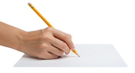 Hand Writing on White Paper with a Yellow Wooden Pencil
