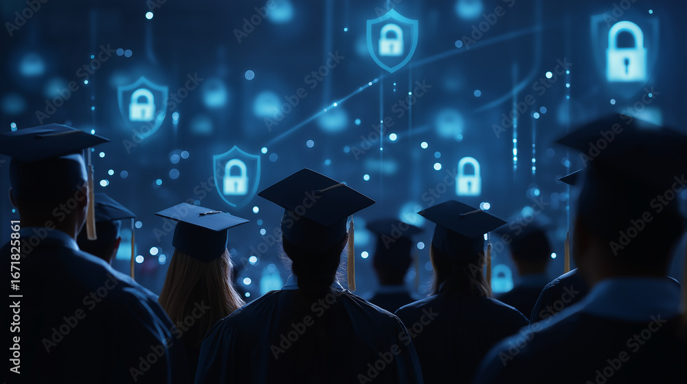 Poster cybersecurity graduates in caps and gowns stand before a backdrop of glowing network security shield