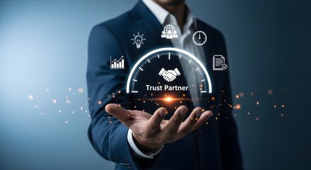 Fototapeta premium Trust partner concept business man showing trust partner with business growth and teamwork icons