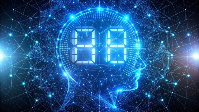 Digital brain with glowing numbers and network connections