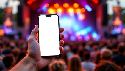 A person holding up a smartphone with a blank screen, capturing the essence of a live concert or event in the background. The image depicts the intersection of technology and live entertainment.