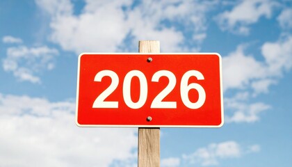 Text 2026 on red sign against blue sky