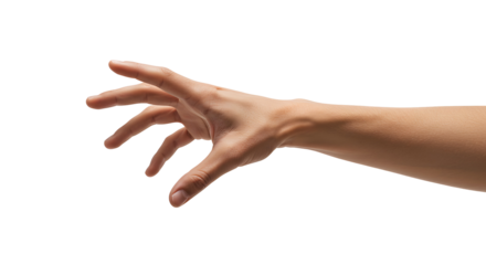 Reaching hand gesture isolated against Transparent Background in studio shot