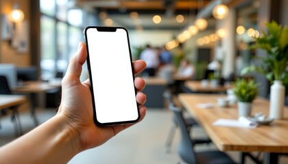 A person holding a smartphone with a blank screen in an interior space, with bokeh effect background