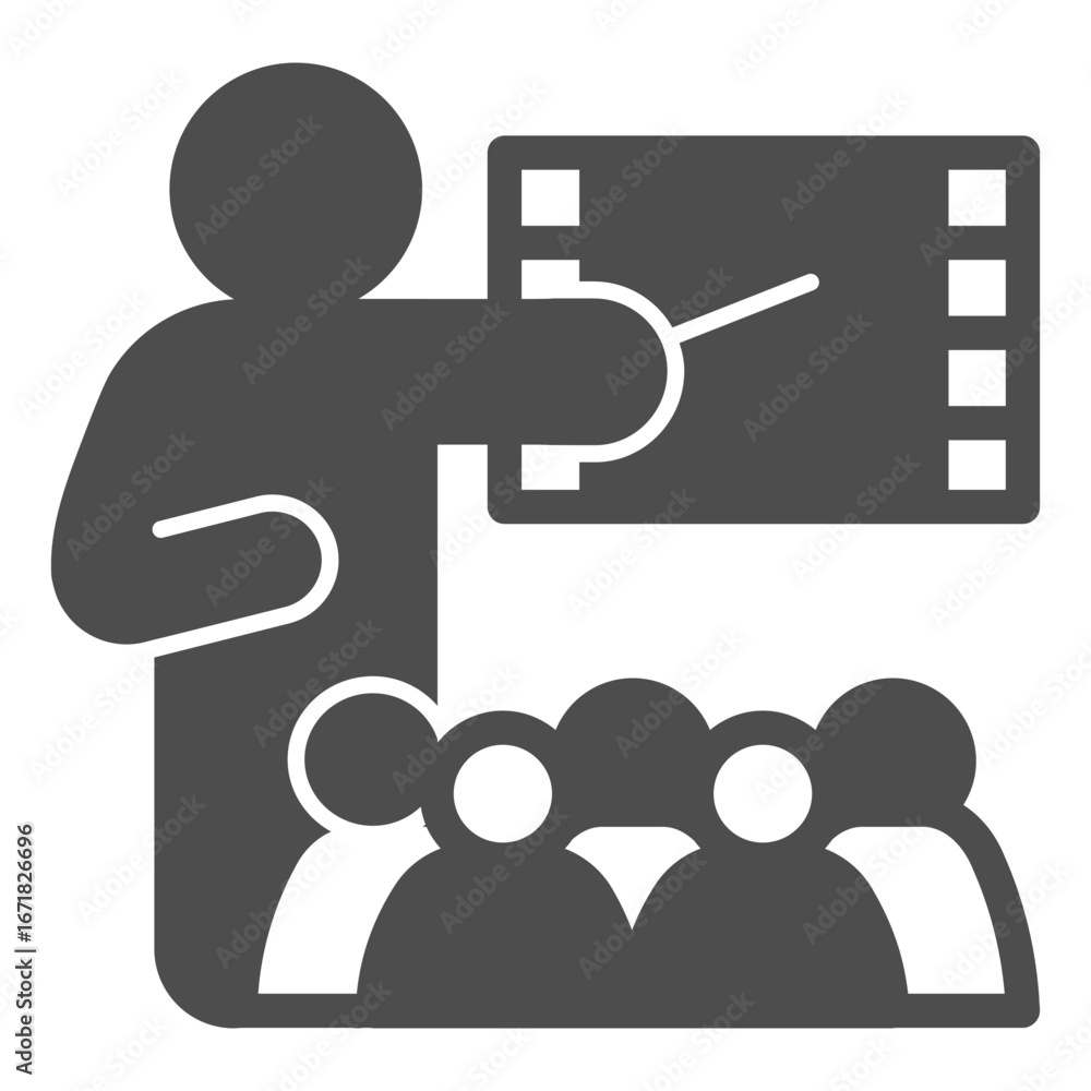 Poster lecturer man with pointer and video solid icon, osint analytics concept. vector graphics. teacher wi