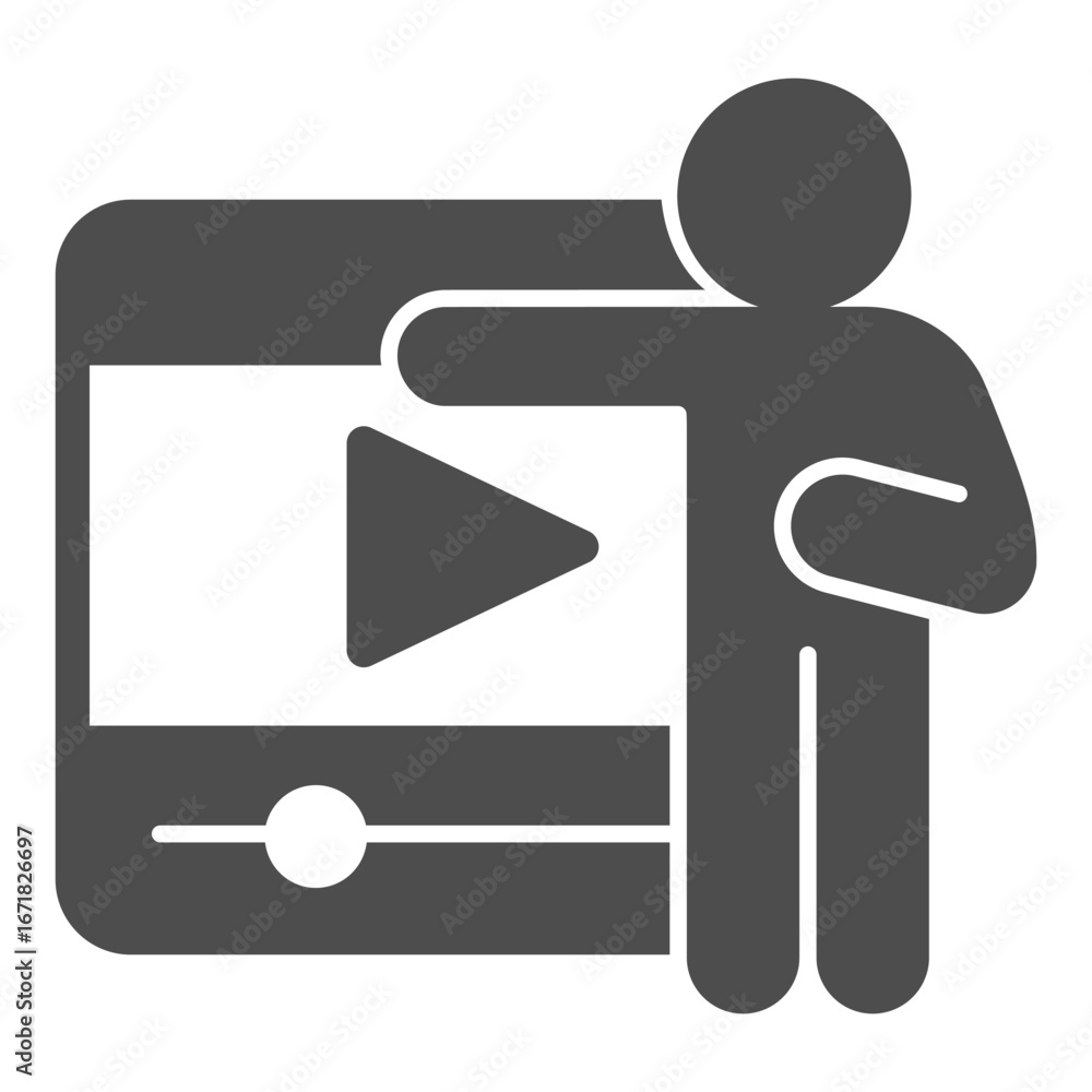 Poster blogger person and a video with play button solid icon, osint analytics concept. vector graphics. ma
