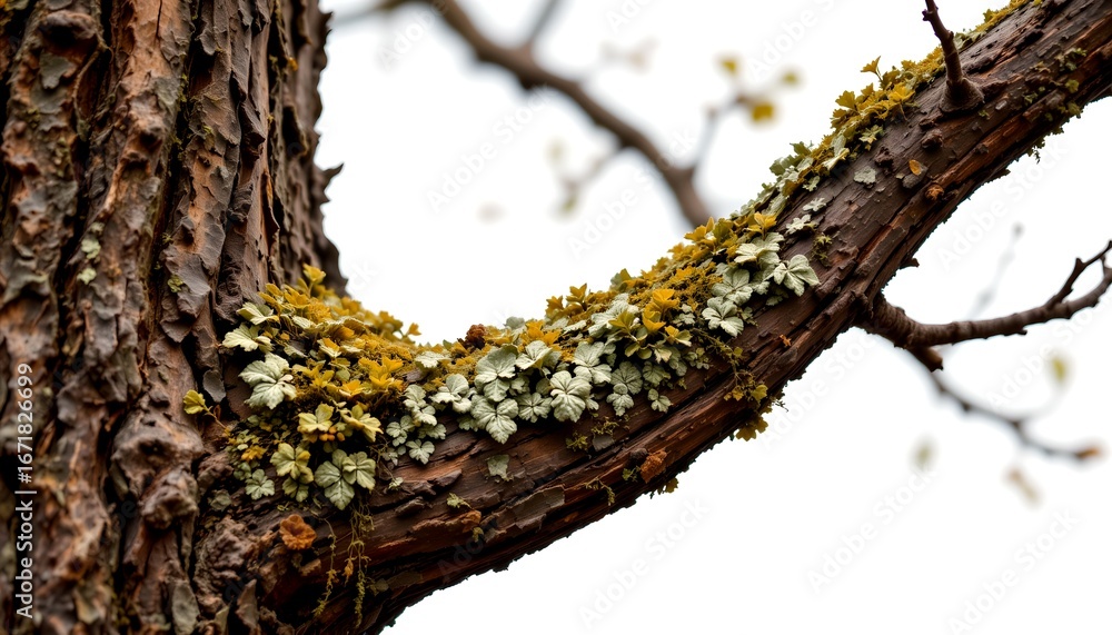 Poster detailed close-up of a tree branch covered in moss and lichen, with visible textures and colors. the