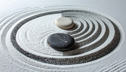 Find inner peace with this zen garden's calming sand ripples and balanced stones meditation concept