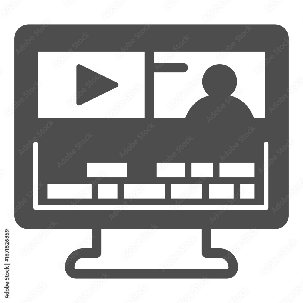 Poster monitor screen with video editing program solid icon, osint analytics concept. vector graphics. mono