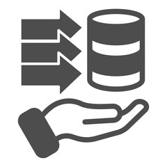 Storing open source info solid icon, osint analytics concept. Vector graphics. Disks data array with arrows and hand sign on white background, glyph style icon for mobile or web design.