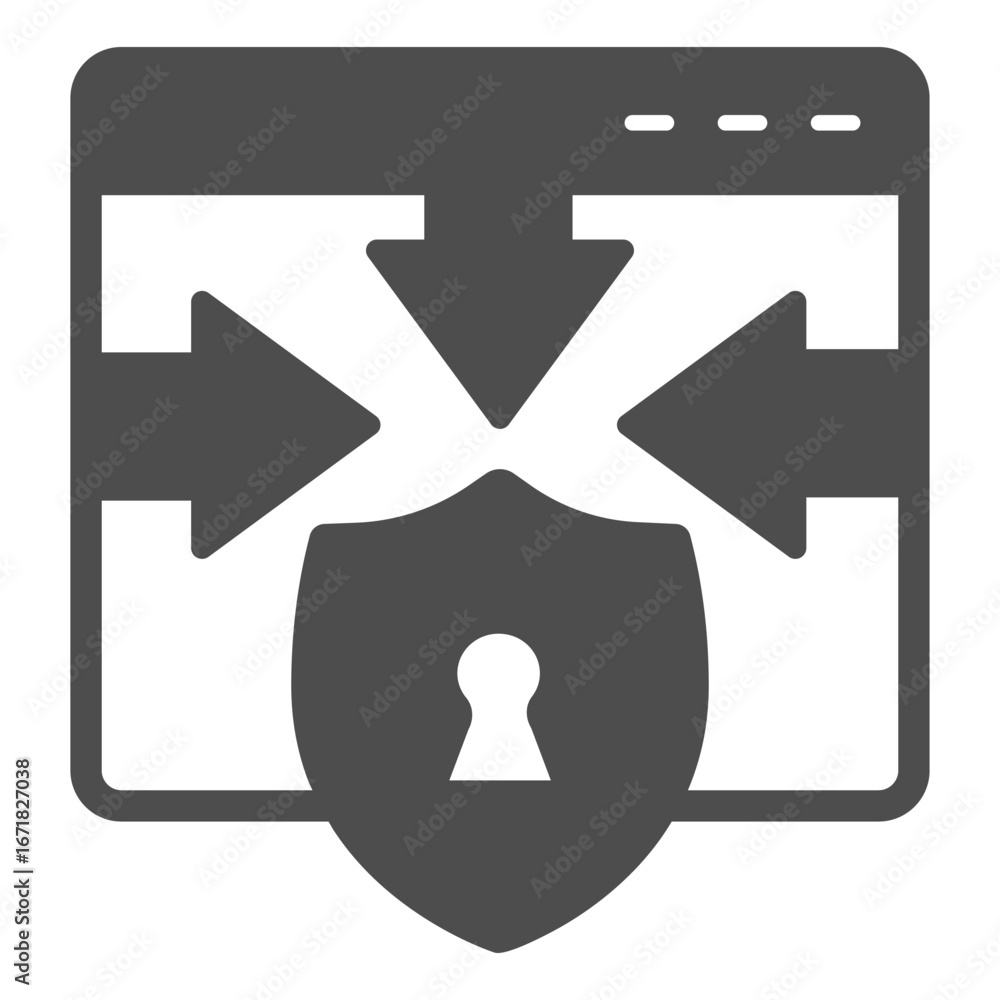 Aufkleber website and arrows at shield with keyhole solid icon, osint analytics concept. vector graphics. priv