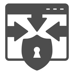 Website and arrows at shield with keyhole solid icon, osint analytics concept. Vector graphics. Privacy lock, safety sign on white background, glyph style icon for mobile or web design.