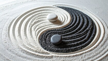 Find inner peace with this balanced Yin Yang zen garden featuring stones and sand for meditation and harmony