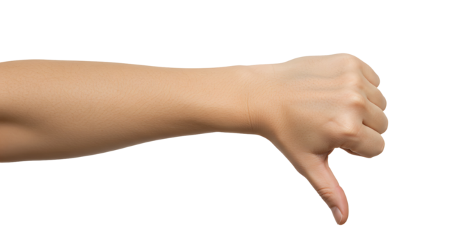 Showing thumb down gesture with hand against Transparent Background indicating disapproval