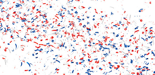 Festive confetti background with red, white, and blue ribbons. Perfect for celebrations and holidays.