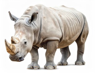 Obraz premium A large rhinoceros stands majestically on a plain white background, showcasing its thick hide and powerful legs.