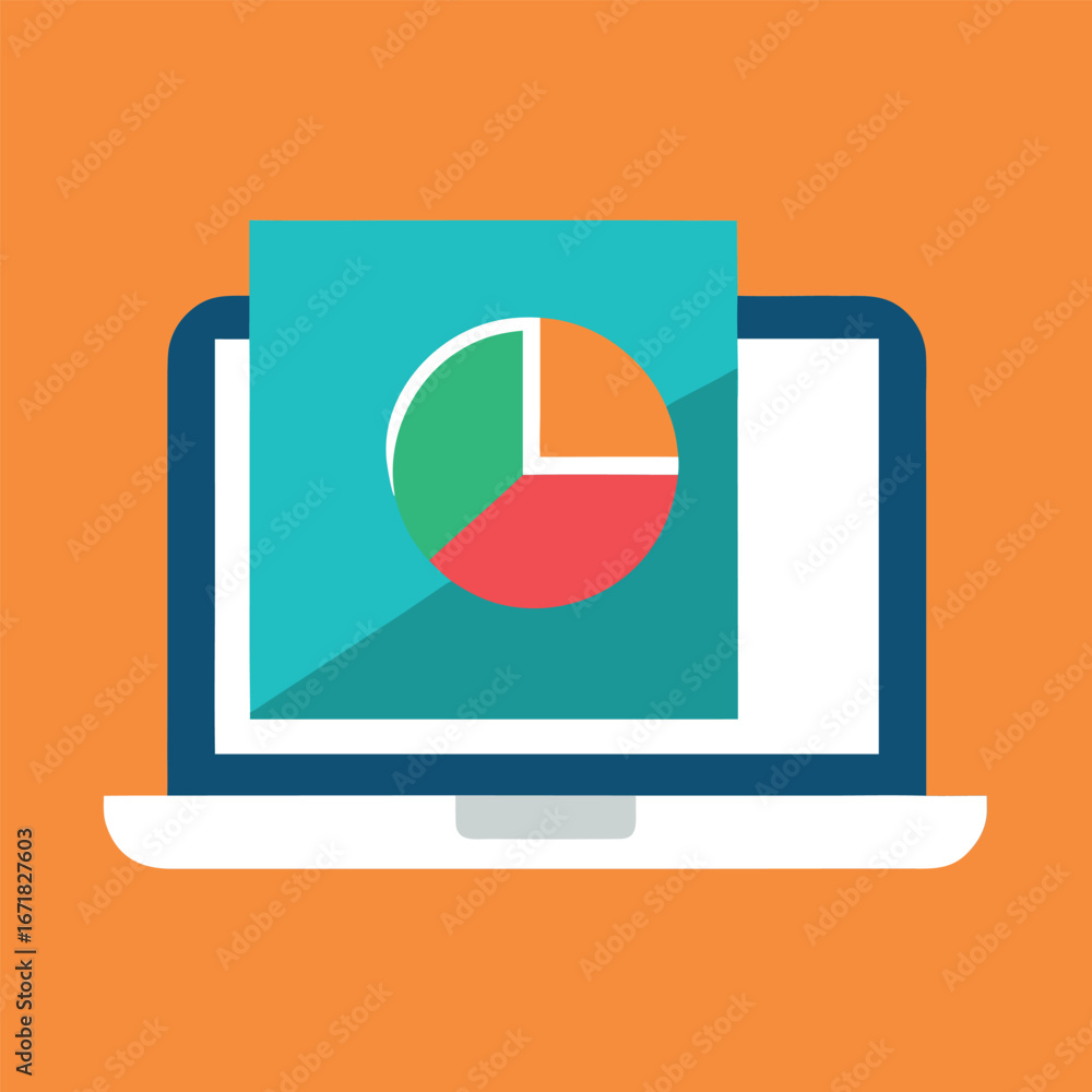 Poster modern laptop displaying a vibrant pie chart on its screen suitable for business analytics