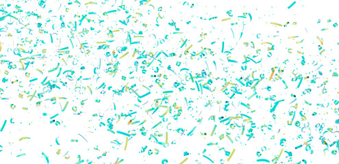 Bright teal and gold confetti falling on white. Perfect for party invitations, celebrations, and festive designs.