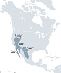 North American Desert, known as Big Four, political map. Major deserts of North America, located in the Western USA and Northern Mexico, formed by Great Basin, Mojave, Sonoran, and Chihuahuan desert.