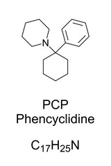 Phencyclidine, PCP, chemical formula and molecular structure. Street drug also known as angel dust among other names. Dissociative anesthetic, mainly used recreationally for its mind-altering effects.
