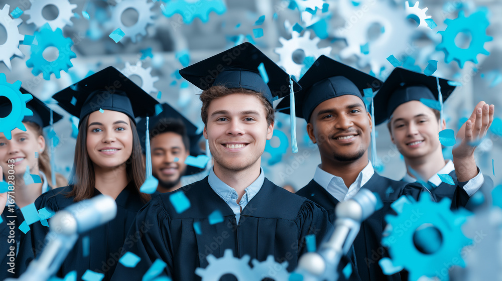 Poster robotics engineering graduates in caps and gowns are surrounded by mechanical gears and circuit boar