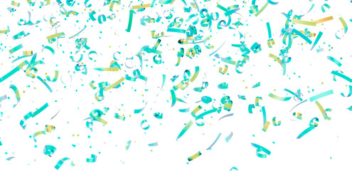 Download this free high-resolution image of teal and gold confetti falling on a white background. Perfect for party invitations or celebratory