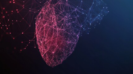 Abstract digital heart, glowing plexus network, red and blue.