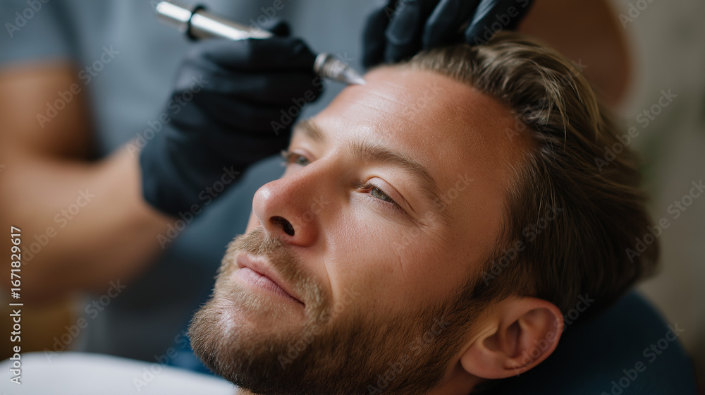 Poster an intricate scalp micropigmentation session captures the detailed dot technique used to simulate na