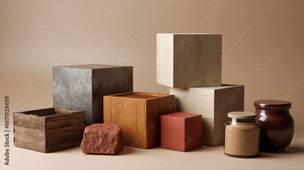 Poster minimalist composition with wooden and stone geometric cubes on beige background for abstract design