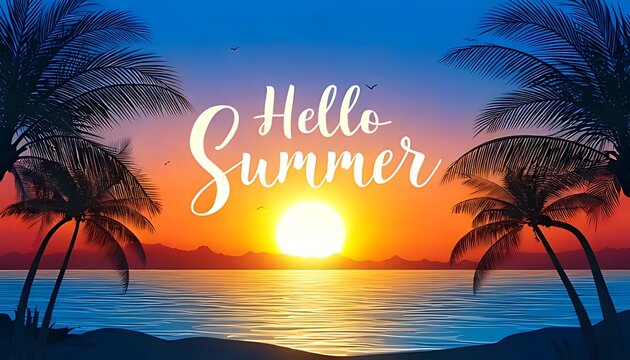 Vibrant sunset over calm ocean, silhouetted palms framing the scene; "Hello Summer" text overlay