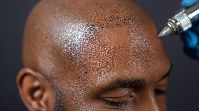 An intricate scalp micropigmentation session captures the detailed dot technique used to simulate natural hair follicles. A specialized tool is used to create a realistic hairline