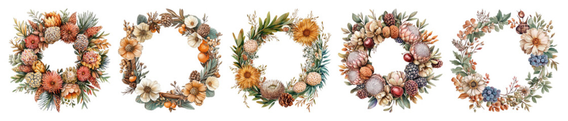 PNG Autumn floral wreath collection, element set on transparent background
