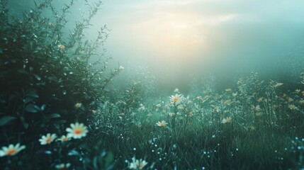 Fototapeta premium Misty dawn meadow with wildflowers, dew drops on leaves and grass.