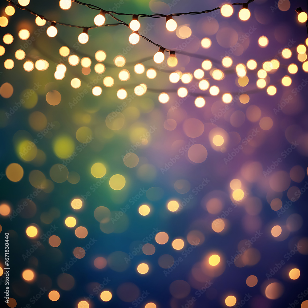 Poster softly glowing string lights create a magical bokeh effect with a vibrant rainbow gradient backgroun