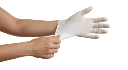 Putting on white disposable glove on hand for protection concept