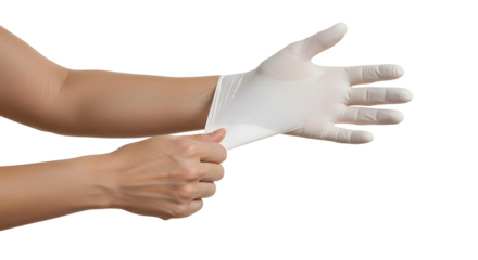 Putting on white disposable glove on hand for protection concept