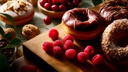 Assortment of sweet pastries and fresh raspberries on wooden surface for bakery dessert food photography