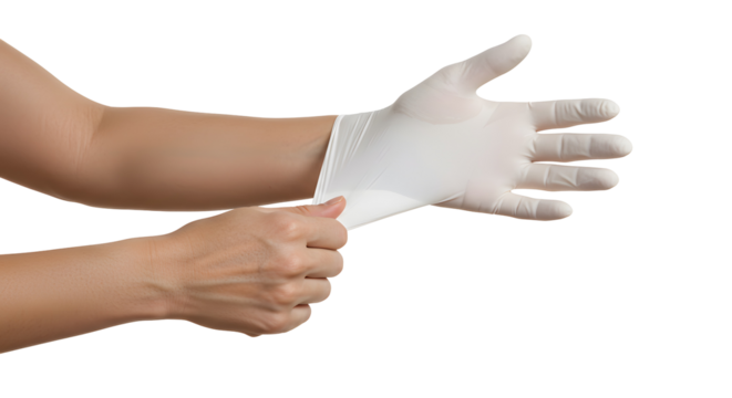 Putting on white disposable glove on hand for protection concept