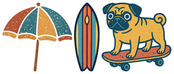 PNG Retro beach fun illustration, element set on transparent background