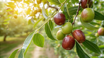 Ripe Jujube on tree in garden, Ripe Jujubes on tree in natural warm sunlight background