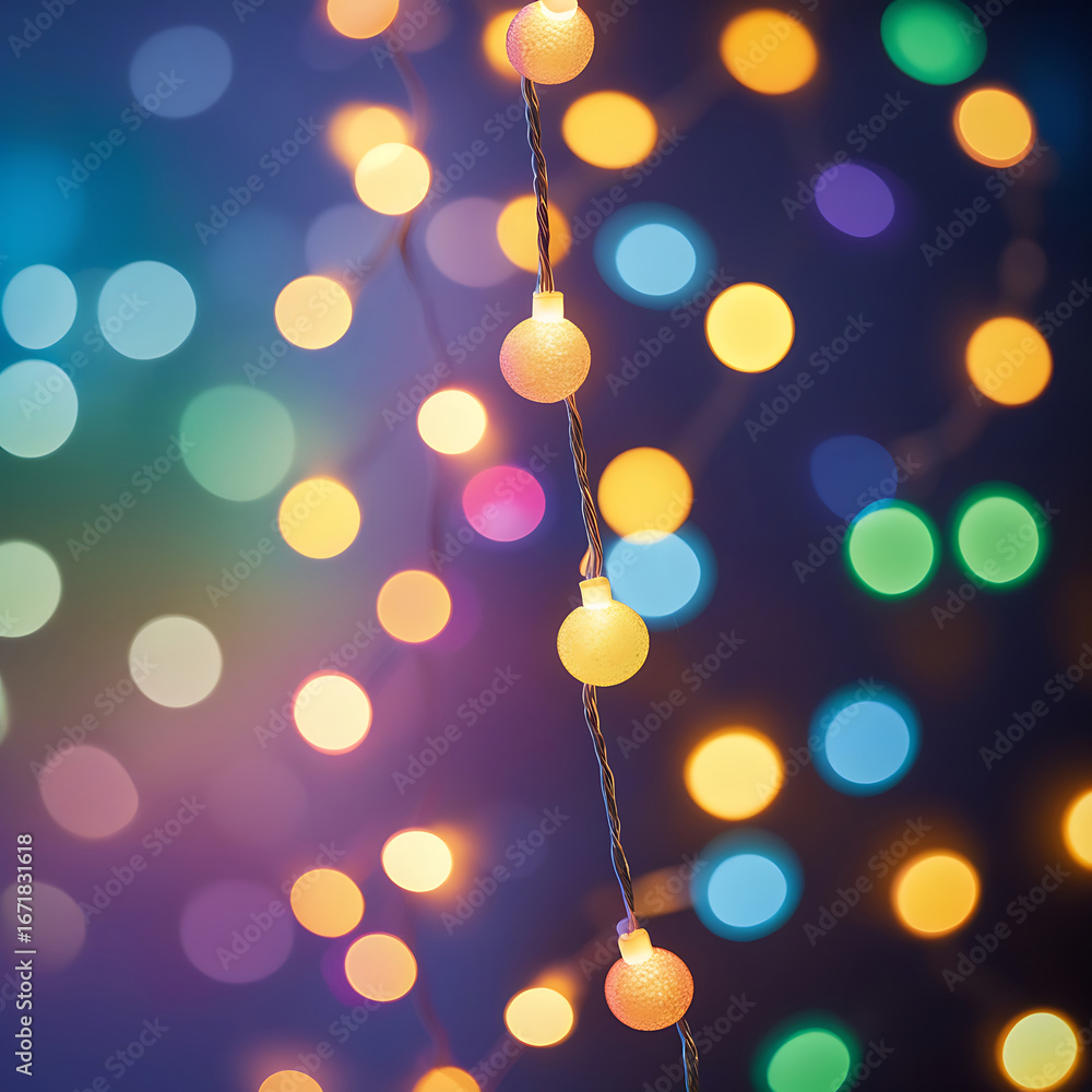 Poster softly glowing string lights create a magical bokeh effect with a vibrant rainbow gradient backgroun