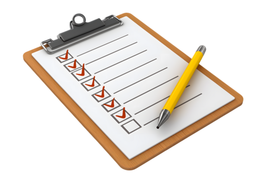 checklist on  clipboard with  pen, emphasizing task completion isolated on white background