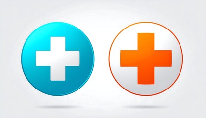 Obraz premium Two round buttons, one light blue, one white, each featuring a bold white or orange plus symbol
