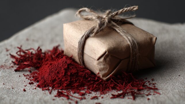 Brown package tied with twine and red powder on black background for product branding